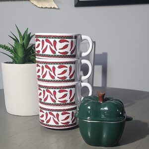 Stackable Red Chili Pattern Ceramic Mugs With Pepper Condiment Bowl